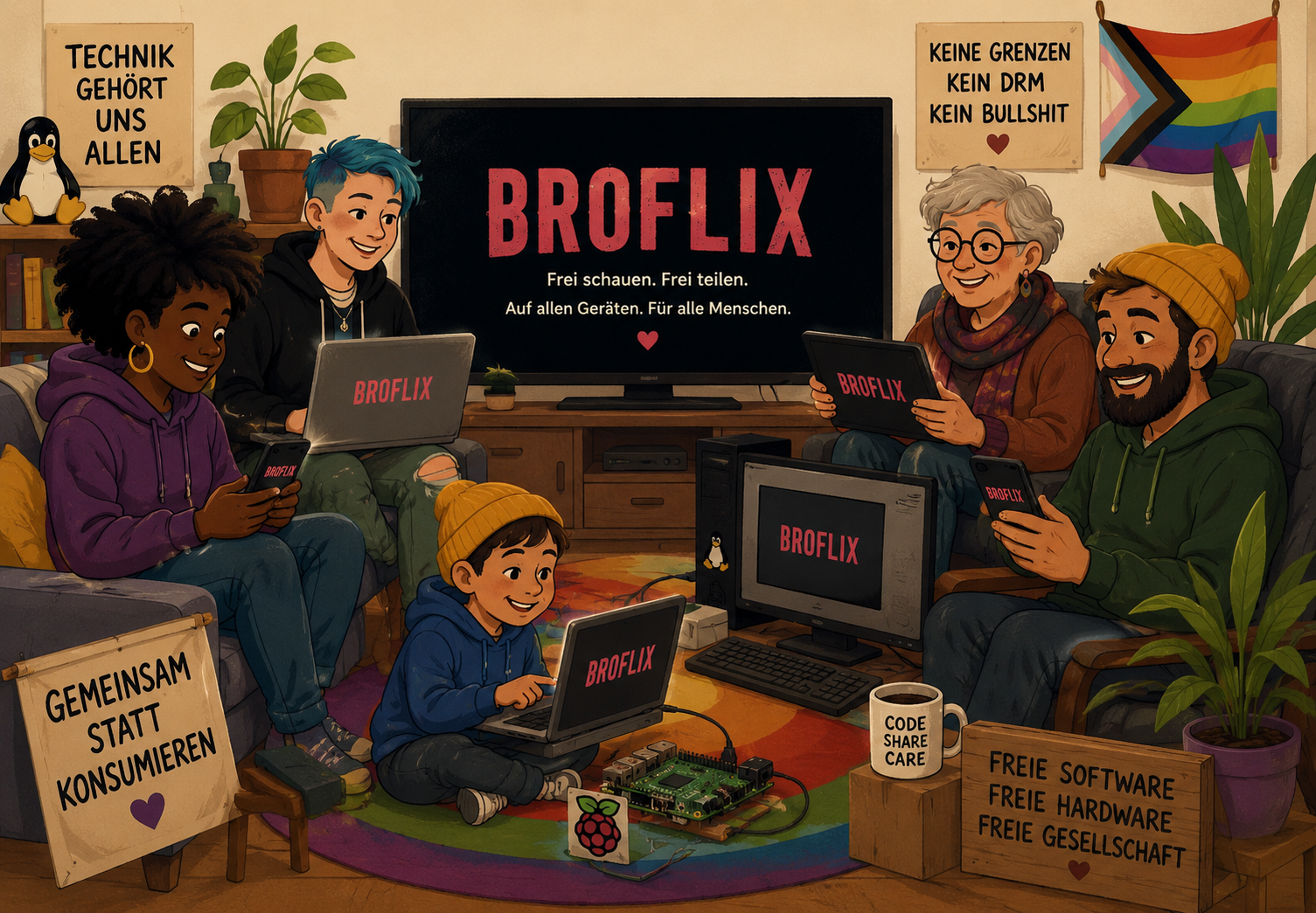 Illustration einer inklusiven, gemeinschaftlichen Wohn- und Lernszene mit verschiedenen Menschen unterschiedlichen Alters und Hintergrunds, die gemeinsam digitale Geräte wie Laptops, Tablets und einen Fernseher nutzen. Im Zentrum läuft „BROFLIX“ auf einem Bildschirm mit dem Slogan „Frei schauen. Frei teilen. Auf allen Geräten. Für alle Menschen.“ Die Umgebung wirkt warm und gemütlich, mit Pflanzen, Sofas und technischen Bastel-Elementen wie einem Raspberry Pi. An Wänden und im Raum befinden sich Plakate mit Botschaften zu freier Software, gemeinschaftlicher Techniknutzung und dem Verzicht auf DRM sowie Exklusivität. Die Szene vermittelt Offenheit, Zusammenarbeit und eine kritische Haltung gegenüber geschlossenen digitalen Plattformen.