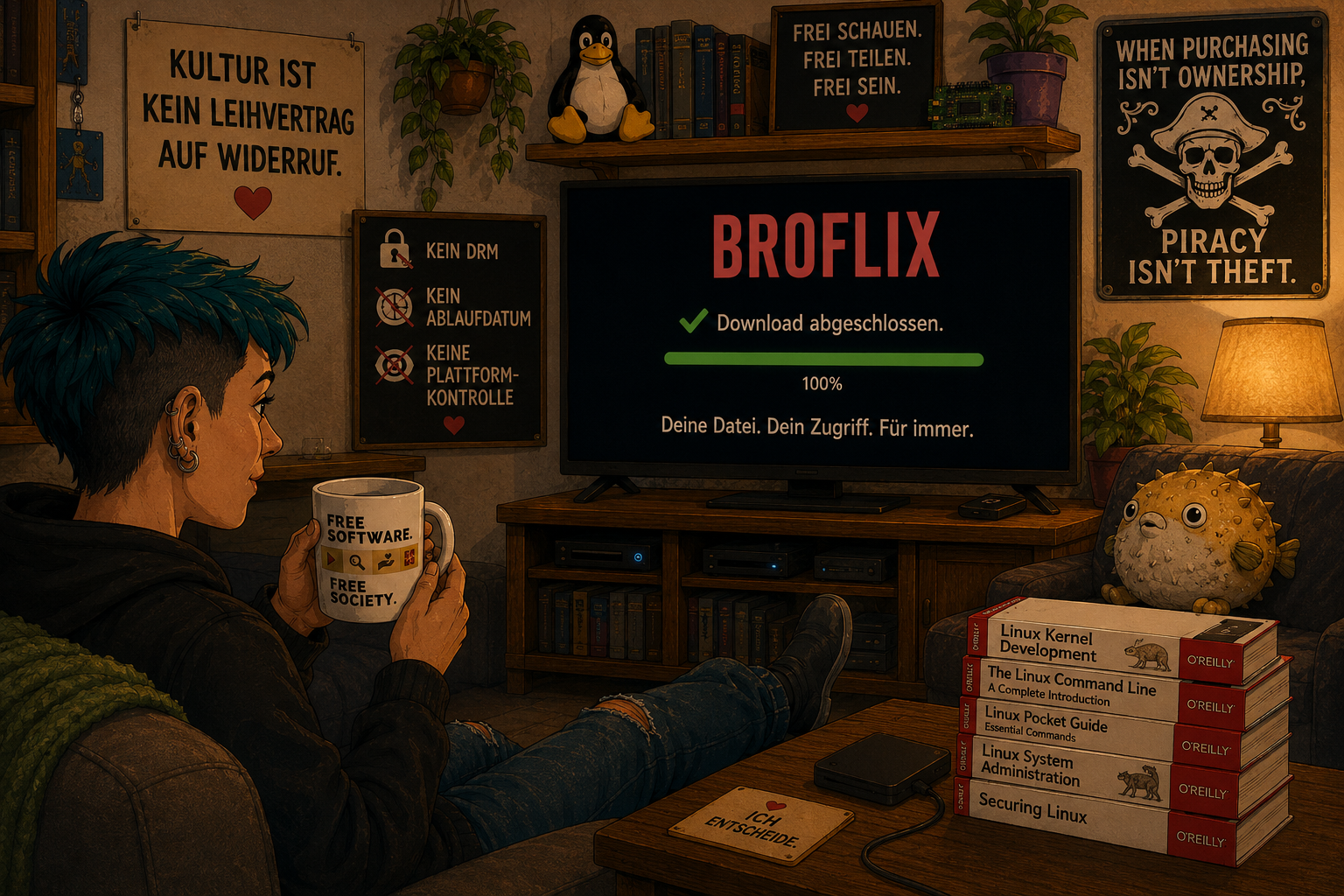 Illustration einer gemütlichen, warm beleuchteten Wohnzimmer- und Hackspace-Szene im handgezeichneten Cartoon-Stil: Eine Person sitzt entspannt auf einem Sofa und hält mit beiden Händen eine Tasse mit der Aufschrift „Free Software. Free Society.“. Vor ihr zeigt ein Fernseher den erfolgreichen Broflix-Download mit dem Hinweis „Deine Datei. Dein Zugriff. Für immer.“. Im Raum befinden sich Linux- und Open-Source-Anspielungen wie ein Tux-Pinguin, ein OpenBSD-Puffy-Stofftier, Fachbücher zu Linux von O’Reilly, Pflanzen und Schilder mit Botschaften gegen DRM, Plattformkontrolle und digitale Besitzillusionen. An der Wand hängt außerdem ein Piraterie-Statement als satirisches Metallschild. Die Szene vermittelt digitale Selbstbestimmung, technologische Freiheit und eine humorvoll-kritische Haltung gegenüber geschlossenen Plattformen.
