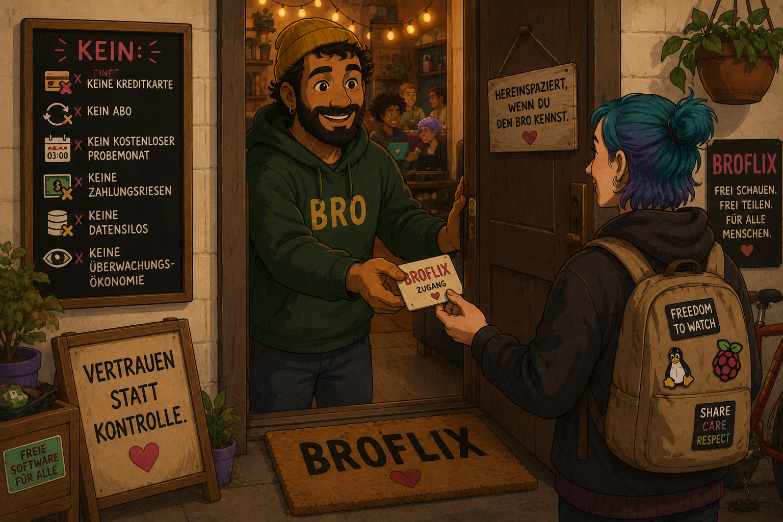 Illustration einer warm beleuchteten Eingangsszene im handgezeichneten Cartoon-Stil: Eine Person wird an der Tür eines gemütlichen Community-Spaces von einem lächelnden „Bro“ begrüßt und erhält eine Zugangskarte mit „BROFLIX“-Logo. Im Hintergrund sind weitere Menschen in entspannter Atmosphäre zu sehen. An Wänden und Schildern stehen Botschaften wie „Vertrauen statt Kontrolle“, Hinweise gegen Abos, Kreditkartenpflicht, Datensilos und Überwachungsökonomie sowie Symbole für freie Software wie Linux und Raspberry Pi. Die Szene vermittelt Gemeinschaft, Vertrauen, Offenheit und eine humorvoll-kritische Haltung gegenüber kommerziellen Plattformmodellen.