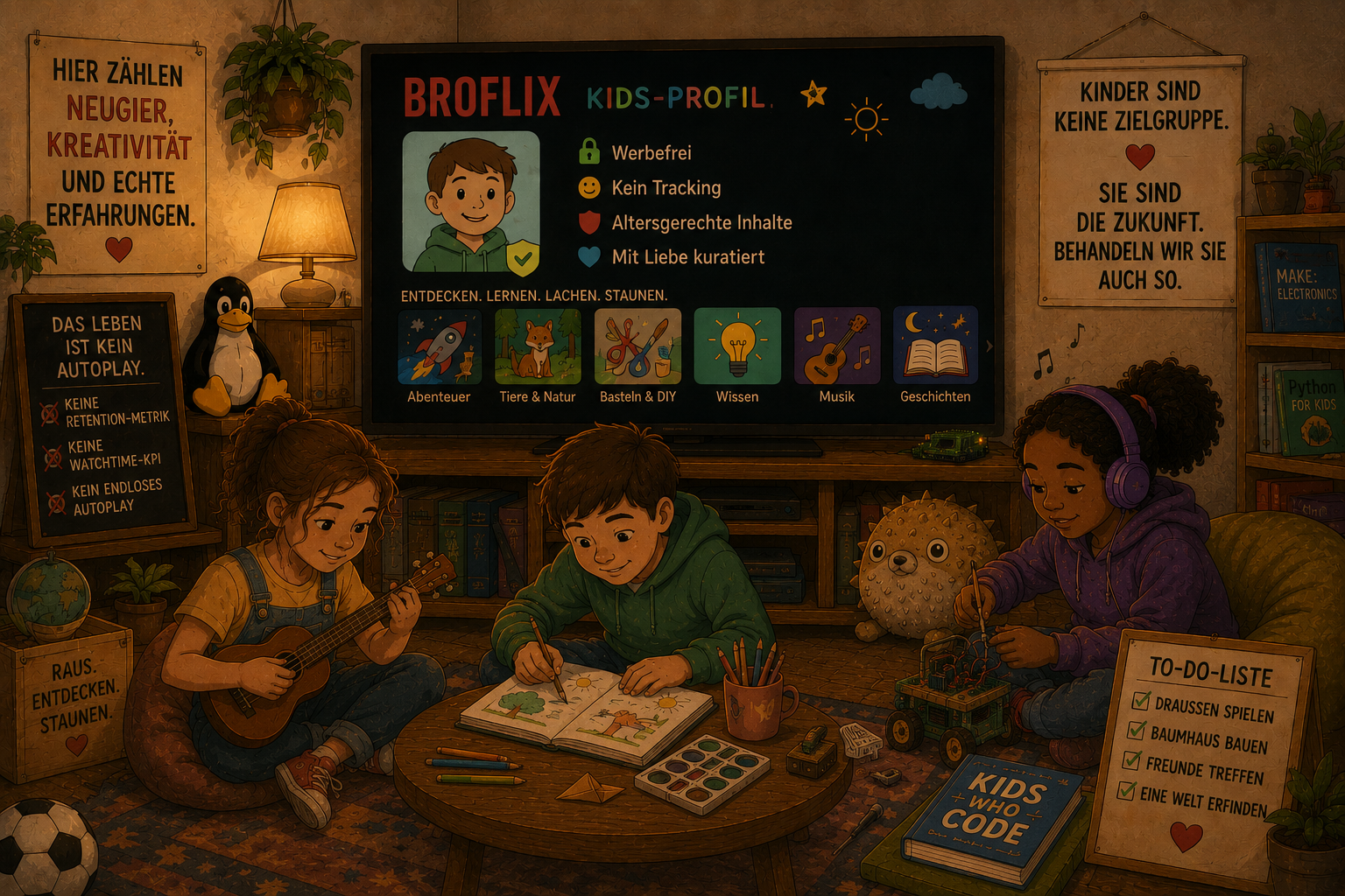 Illustration einer warmen, handgezeichneten Wohn- und Lernszene im Cartoon-Stil: Zwei Kinder sitzen auf einem Teppich in einem gemütlichen Raum und beschäftigen sich kreativ – eines zeichnet in einem Skizzenbuch, das andere baut an einem kleinen Elektronikprojekt mit Einplatinencomputer und Bauteilen. Im Hintergrund zeigt ein Fernseher ein Broflix-Kinderprofil mit werbefreien, altersgerechten Inhalten ohne Tracking oder Autoplay. Im Raum befinden sich Bücher, Pflanzen, Linux- und Open-Source-Anspielungen wie ein Tux-Pinguin und ein OpenBSD-Puffy-Stofftier sowie Schilder mit Botschaften gegen algorithmische Dauerbeschallung und für Kreativität, Lernen, Bewegung und echte Kindheit. Die Szene vermittelt Medienkompetenz, Selbstbestimmung und die Idee, dass Kinder gestalten statt nur konsumieren sollten.