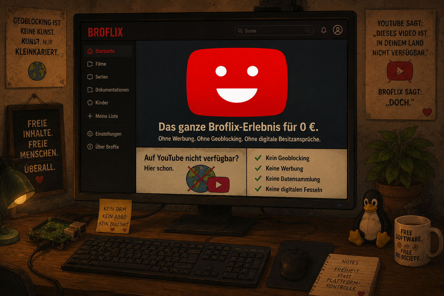Glücklicher Smiley in Anlehnung an das Icon, welches man bei Youtube sieht wenn ein Inhalt aus dem Aufenthaltsland nicht abrufbar ist.